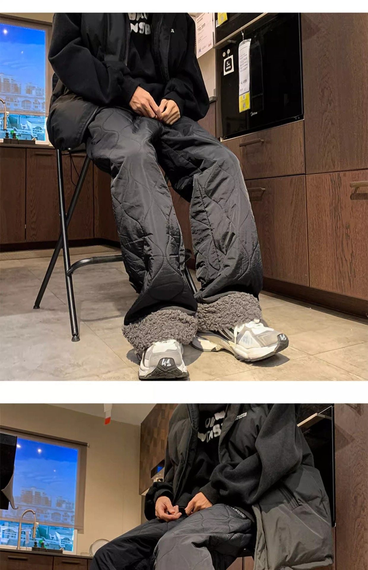 Heavy Winter Cotton Waterproof Splicing Lamb Fleece Cotton Pants for Men and Women, Solid Color Diamond Grid Embroidered Clip Co