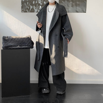 Men's Double-Breasted Wool Blend Overcoat with Belt Loose Fit Solid Color Stand Collar Mid-Length Trench Coat for Autumn Winter