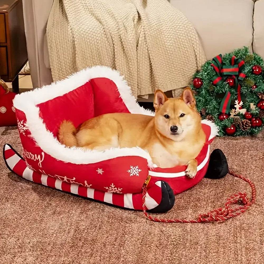 Cama Trenó de Natal Sofá Quente para Animais de Estimação de Pelúcia Removível e Lavável com Base Antiderrapante Ninho de Gato e Cachorro de Natal para Inverno Interno e Externo