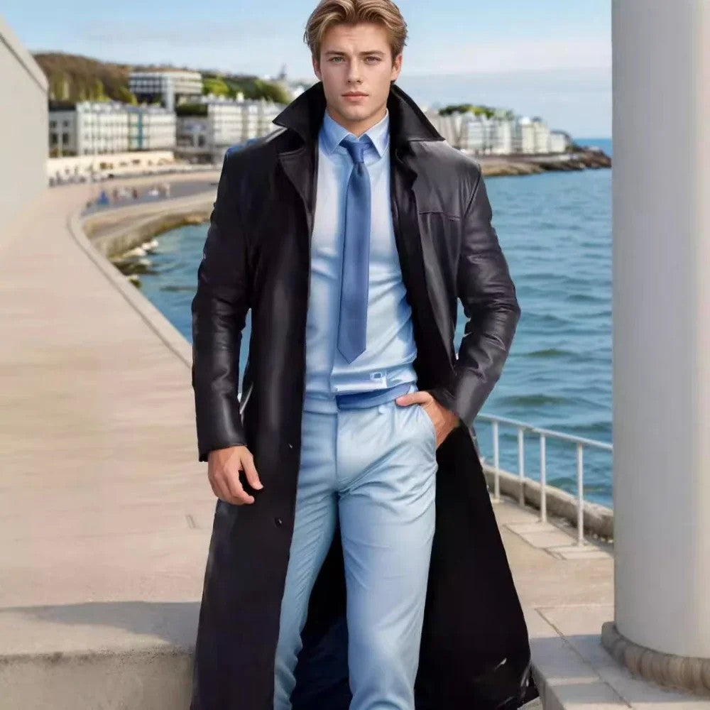 2024 New Men's Long Leather Jackets Goth Punk Button Trench Coat Solid Lapel Collar Long Pu Windbreaker Winter Leather Coats