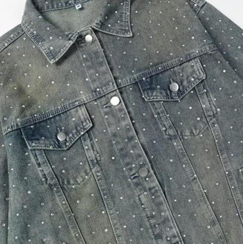 American Trendy Denim Jacket Mens Make Old Flash Diamond Fashion Outwear Spring Single-breasted Street Couple Cowboy Coats