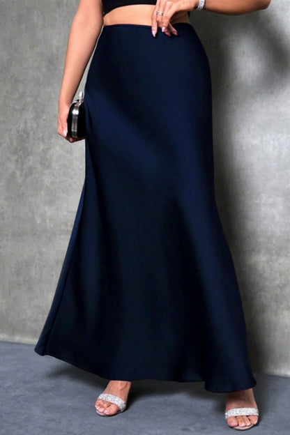 Elegant silk-like satin A-line midi skirt with high waist and mermaid tail for women in spring and summer