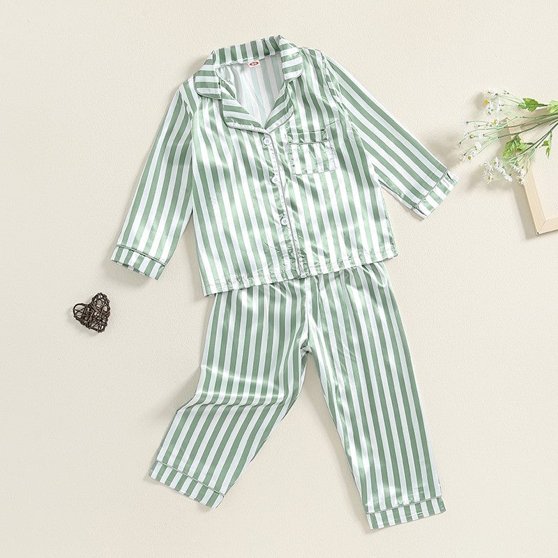 Kid Girls Boys Fall Pajamas Set Stripe Print Long Sleeve Shirts Tops Long Pants Satin 2 Pieces Lounge Suit Sleepwear