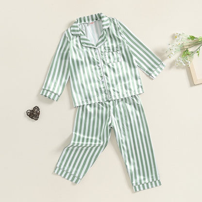 Kid Girls Boys Fall Pajamas Set Stripe Print Long Sleeve Shirts Tops Long Pants Satin 2 Pieces Lounge Suit Sleepwear
