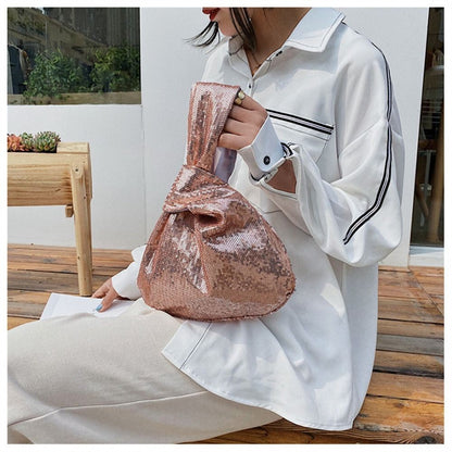 Ladies Trendy Fashion Reversible Sequin Evening Clutch Purse Women Girls Small Glitter Wrist Knot Bag