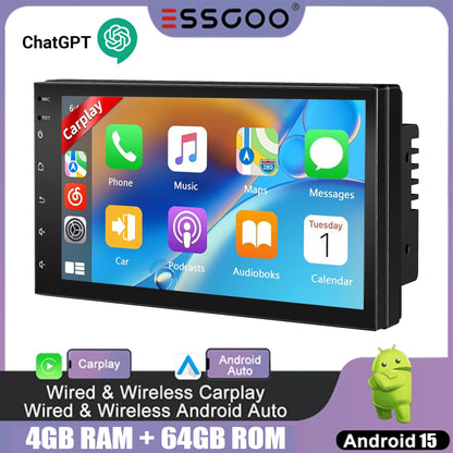 Rádio Estéreo Automotivo de 7/9/10 Polegadas Duplo 2 Din 4+64G Android 15 ChatGpt AI WIFI GPS Navegação FM/RDS Bluetooth SWC Unidade Principal+DVR&AHD