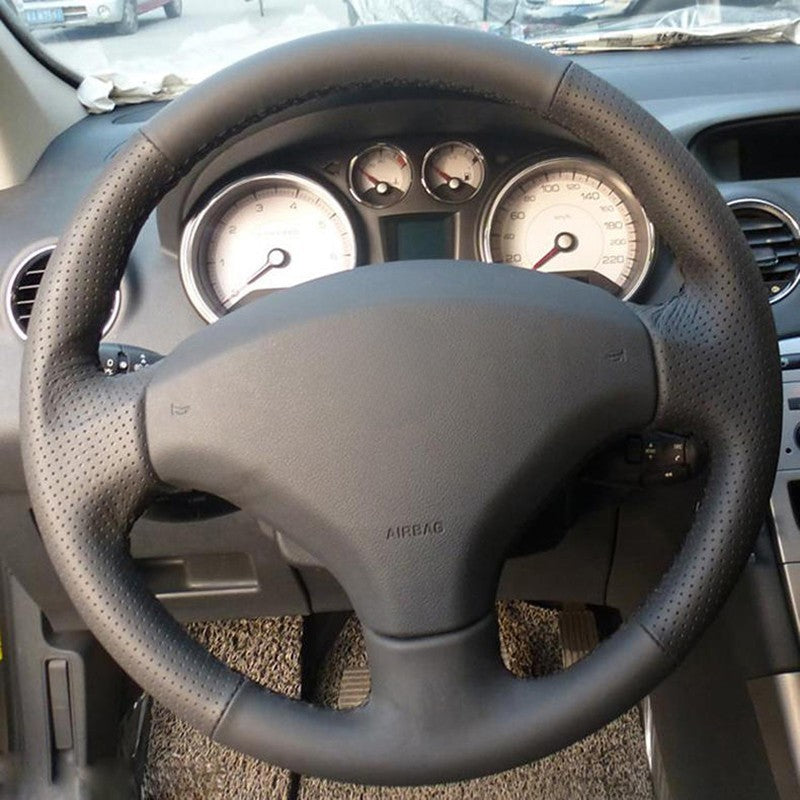 Capa de Volante GNUPME DIY em Couro Sintético Costurada à Mão Preta para Peugeot 308 e Peugeot 408 Antigo