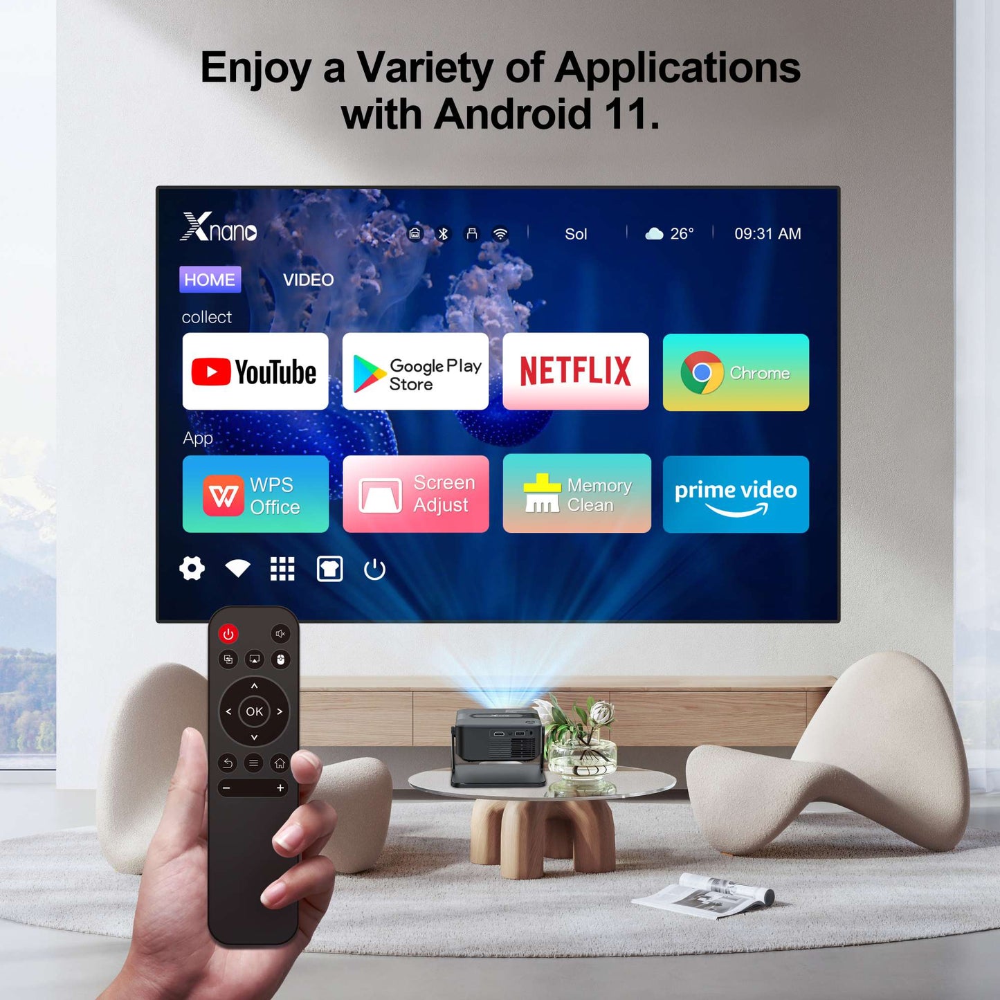 Mini Projetor Salange HA109 Android 11 Wi-Fi 6 BT5.0 280 ANSI 720P Aplicativo Integrado Espelhamento de Smartphone para Vídeos 1080P 4K Cinema em Casa