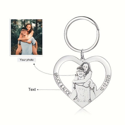 ?Customized Product?Personalized Stainless Steel Heart-Shaped Keychain - Customizable with family and couple photos, text, and date - Valentine's Day/Christmas gift - A memorable keepsake gift for family, couples, and pets