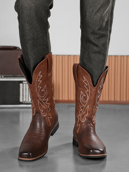 Men's Creative Pattern Embroidered Vintage Lace-Up Boots Wide-Toe Men's Cowboy Boots High-Top Riding Boots Extra Large Sizes