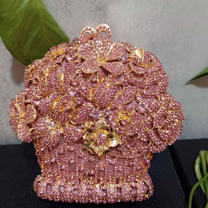 Luxury Women Pink Flower Clutch Bags Stone Evening Bags Bridal Rhinestone Handbags Wedding Clutches Bags Dinner Minaudiere Purse