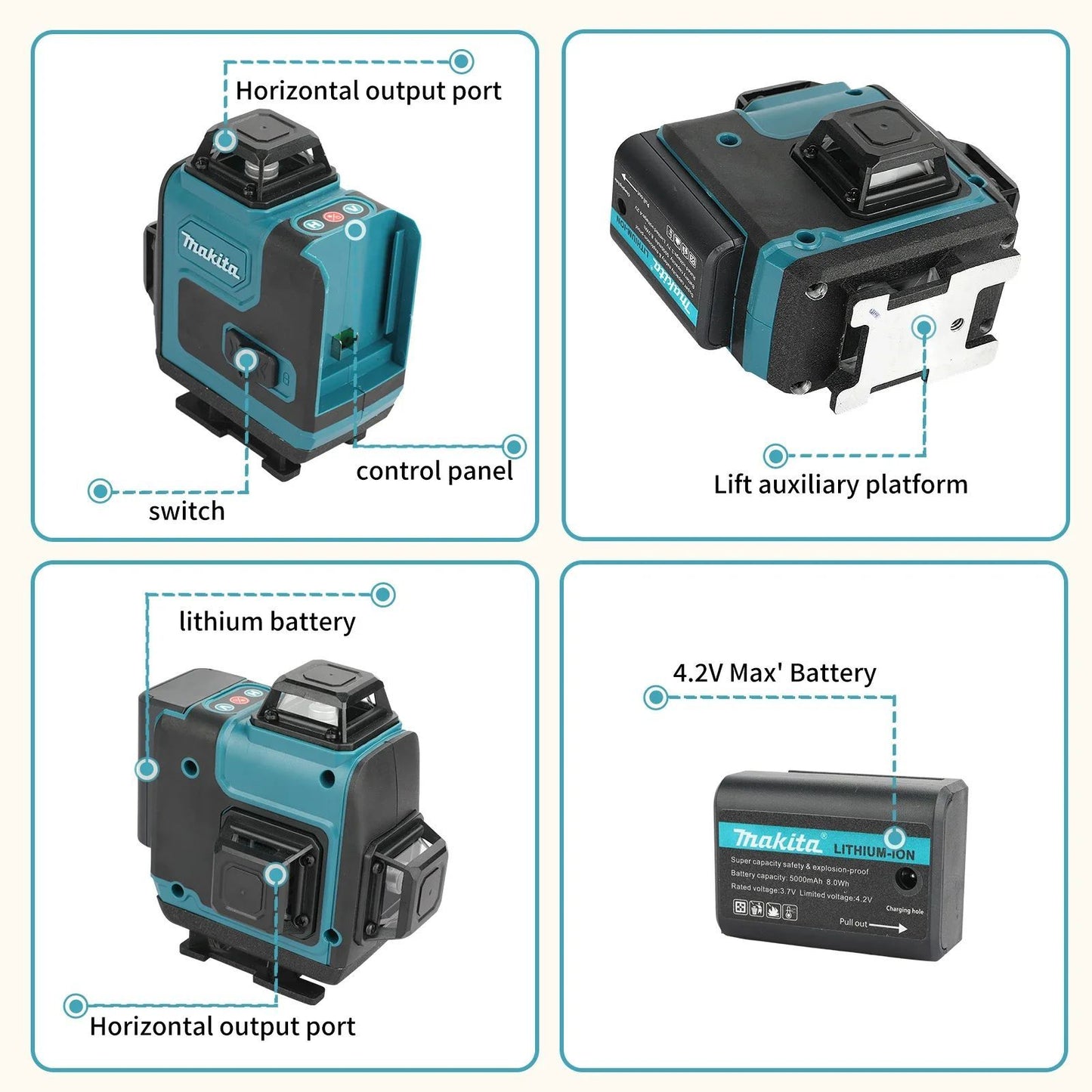 Nível a Laser Verde Makita: Linhas 4×360°, Bateria de 5000mAh, Modos de Auto Nivelamento e Manual, 8h de Autonomia para Obras e Layouts