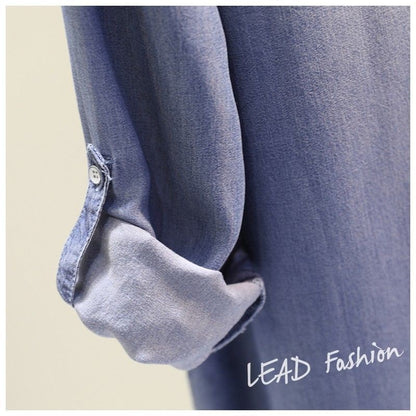 Fashion Women's Clothing Shirt Medium Long Containing Cotton Shirt Loose Fit Long Sleeve Double Pocket Rolled Sleeve Thin Blouse