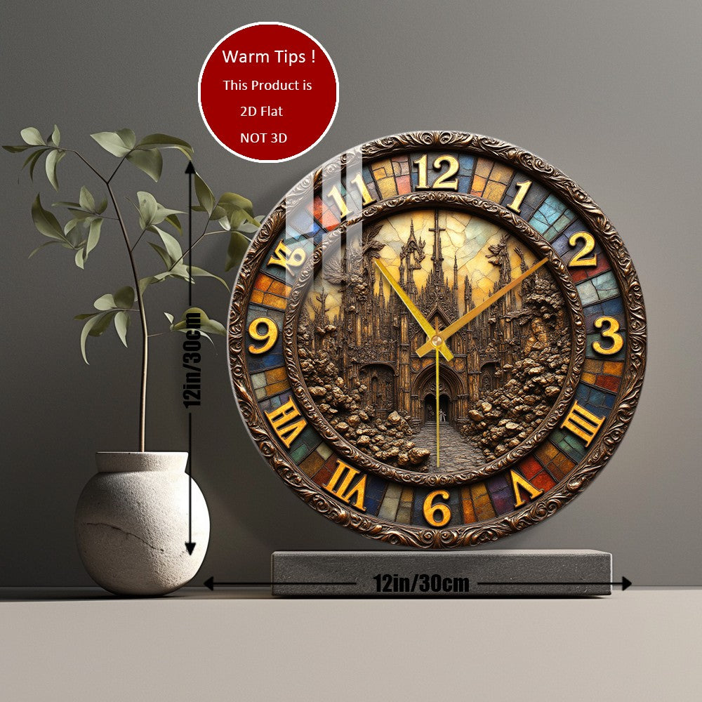 Tempered Glass Wall Clock Gothic Castle Clock Tower Suitable For Wall Decor or Tabletop Display Anywhere
