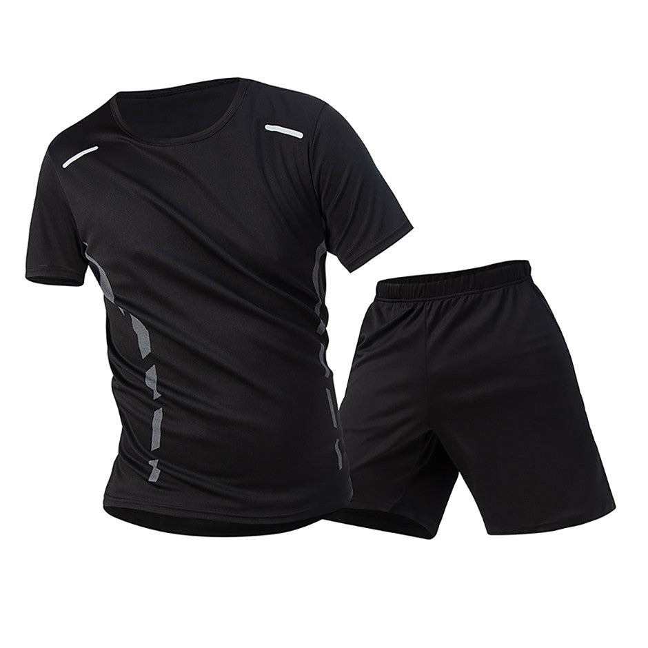 2-Piece Men's Summer Quick drying Sports Suit Loose And Breathable Short Sleeved T-shirt Running And Fitness Black Pocket Shorts