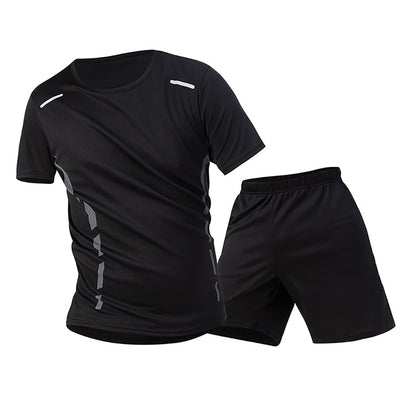 2-Piece Men's Summer Quick drying Sports Suit Loose And Breathable Short Sleeved T-shirt Running And Fitness Black Pocket Shorts