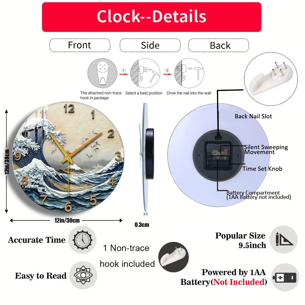 Tempered Glass Wall Clock Great Wave Mount Fuji Cranes Suitable For Wall Decor or Tabletop Display Anywhere