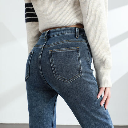 Women's Winter Fleece Warm Jeans Retro Elastic Thickened Comfortable Straight Fashion Korean Casual Female Velvet Denim Pants