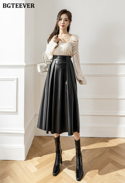 BGTEEVER Spring Autumn Loose PU Leather A-line Skirts Women Elegant High Waist Pleated Faux Leather Skirts Female