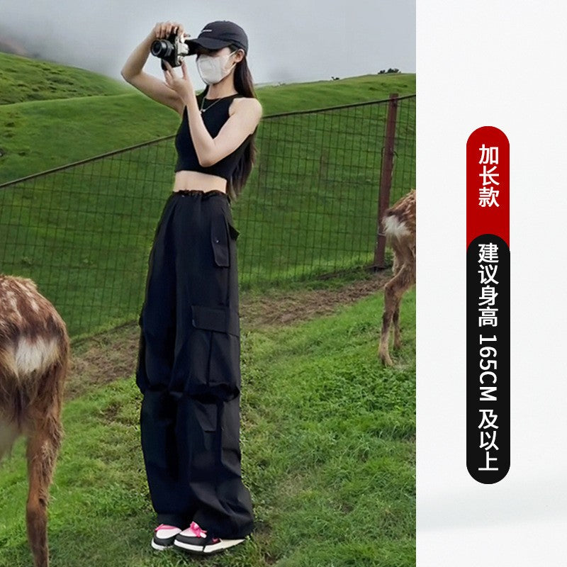 Black American Workwear Pants Women's Loose Straight Leg Casual Wide Leg Pants Cool Windbreaker Sports Pants Autumn Winter Sp...