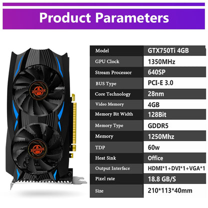 Placa de Vídeo AIBOMAN NVIDIA GTX750Ti 4G GDDR5 128Bit 28nm PCI Express 3.0 X16 para Jogos Componentes de Computador de Mesa