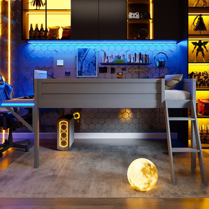 Cama Loft para Jogos de Tamanho Grande com Escrivaninha e Luzes LED, Acabamento Cinza, Design Elegante que Economiza Espaço