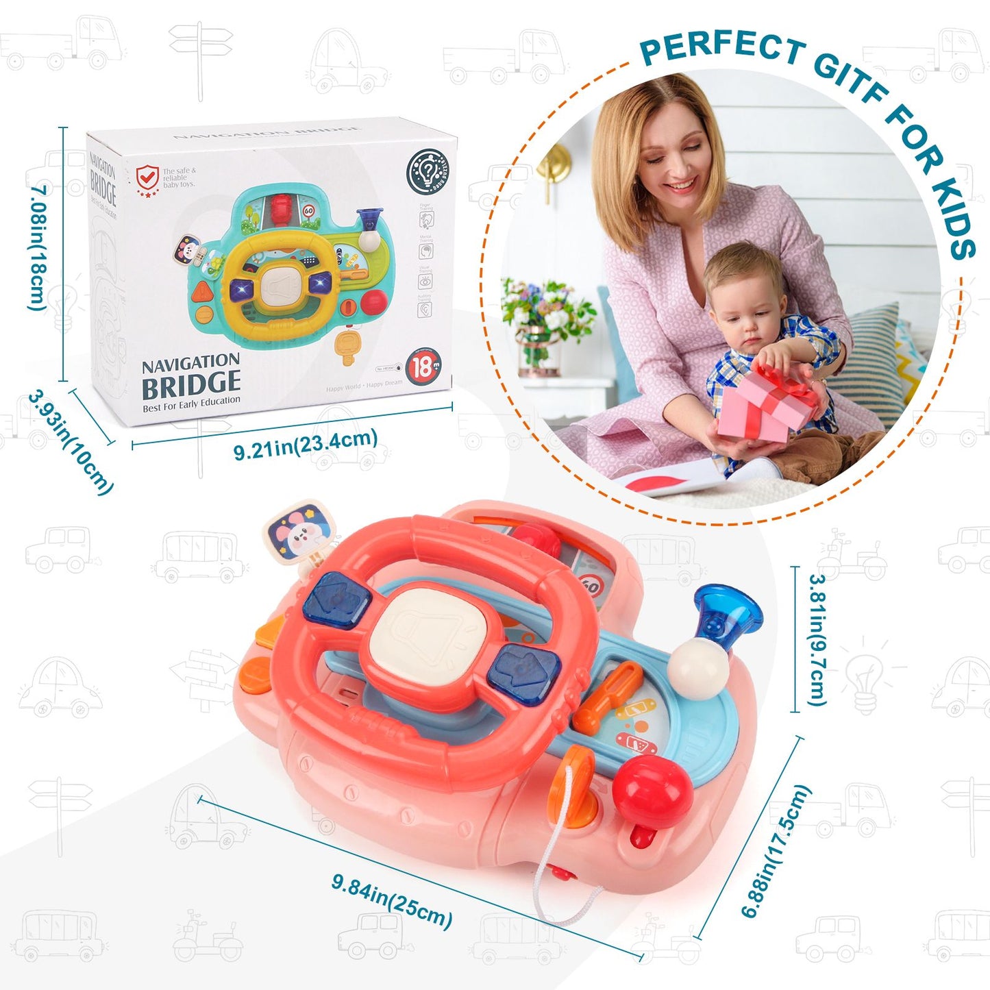 Baby Electric Steering Wheel Simulation Driving Vocal Toys for Car Seats and Stroller Educational Toys for 0-36 Months Toddlers