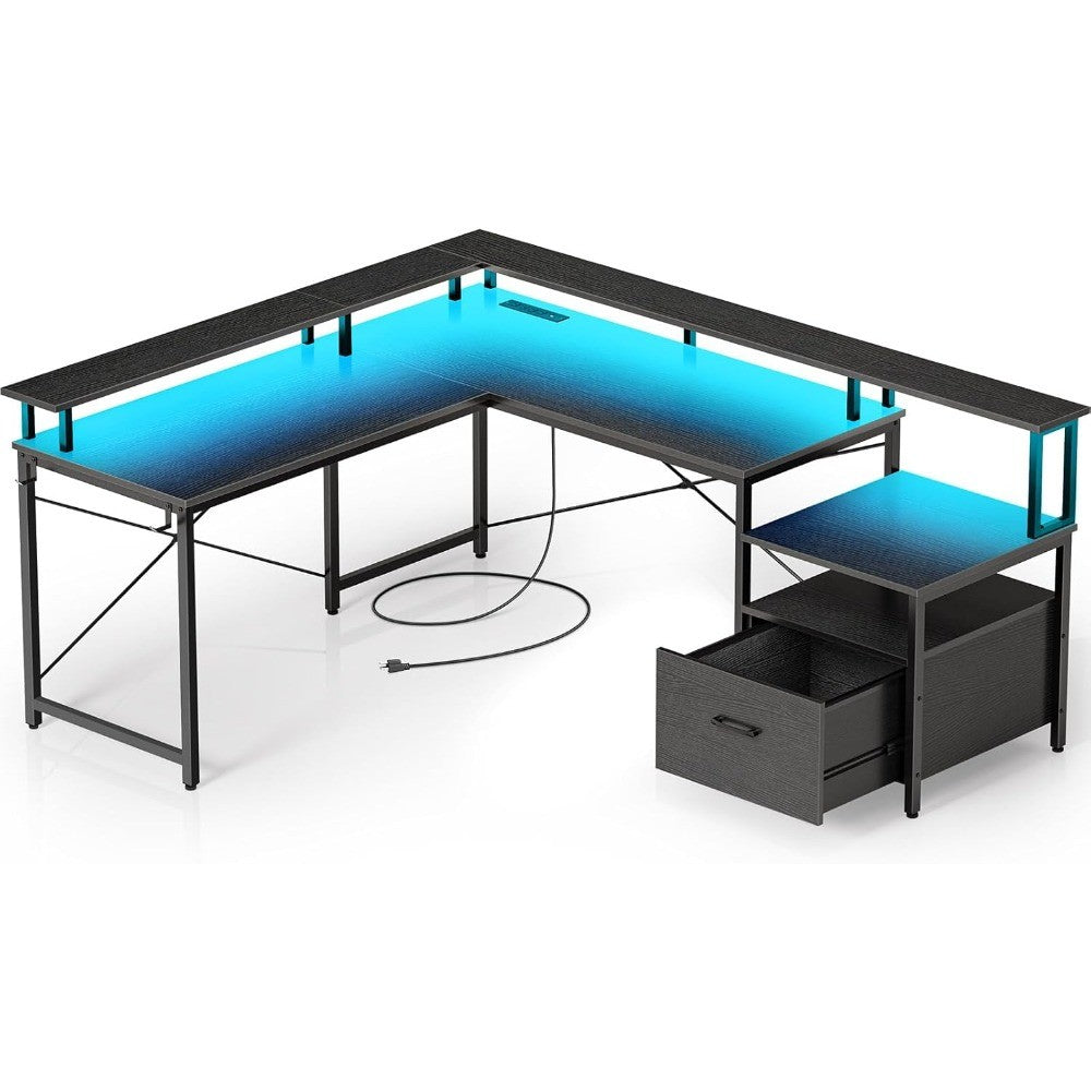 Computer Desk With File Drawer, 64" L Shaped Computer Corner Desk With Power Outlet & LED Strip, Home Office Desk With Monitor-H