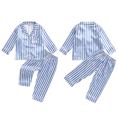 Kid Girls Boys Fall Pajamas Set Stripe Print Long Sleeve Shirts Tops Long Pants Satin 2 Pieces Lounge Suit Sleepwear