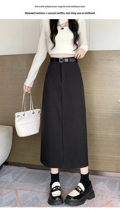 Grey High-waisted A- line Skirt Half Dress Petite Long Dress Autumn/winter For Women Side Slit Workwear