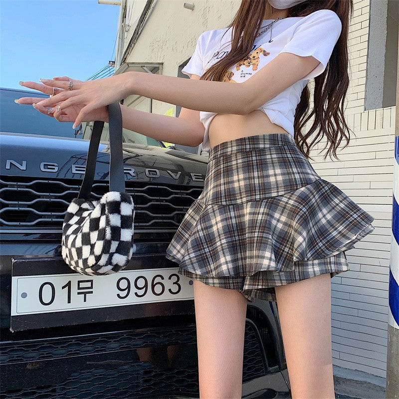 Tiered Mini Skirt Y2K High Waist Tartan Ruffled Plaid Skirt Skort Women Aesthetic Outfit
