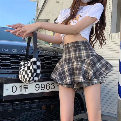 Tiered Mini Skirt Y2K High Waist Tartan Ruffled Plaid Skirt Skort Women Aesthetic Outfit