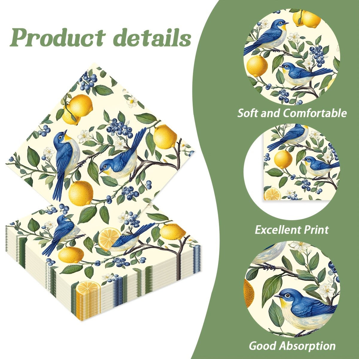 20/40/60pcs Bird Lemon Blueberry Flower Themed Party Napkins, Suitable for Party Tea Parties, Birthdays, and Desktop Decoration