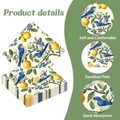 20/40/60pcs Bird Lemon Blueberry Flower Themed Party Napkins, Suitable for Party Tea Parties, Birthdays, and Desktop Decoration