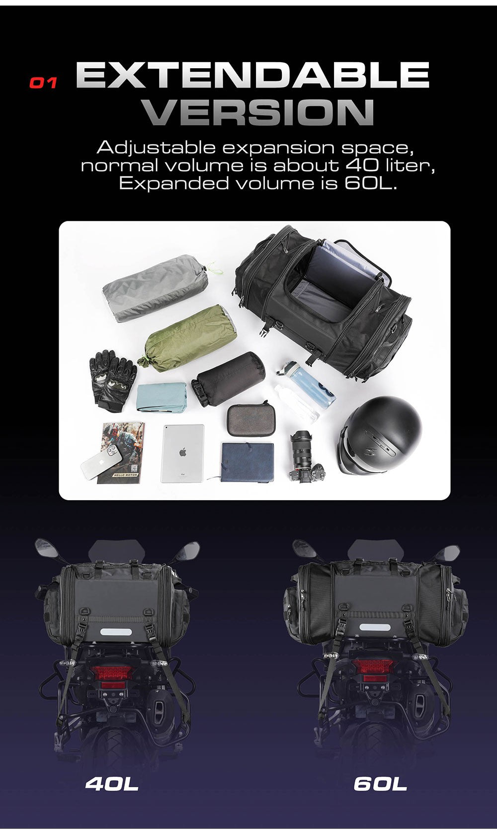 Motorcycle Tail Bag Waterproof 20L-60L Expandable Back Seat Saddle Bag Luggage Pannier Motorcycle Accessories Rider Backpack