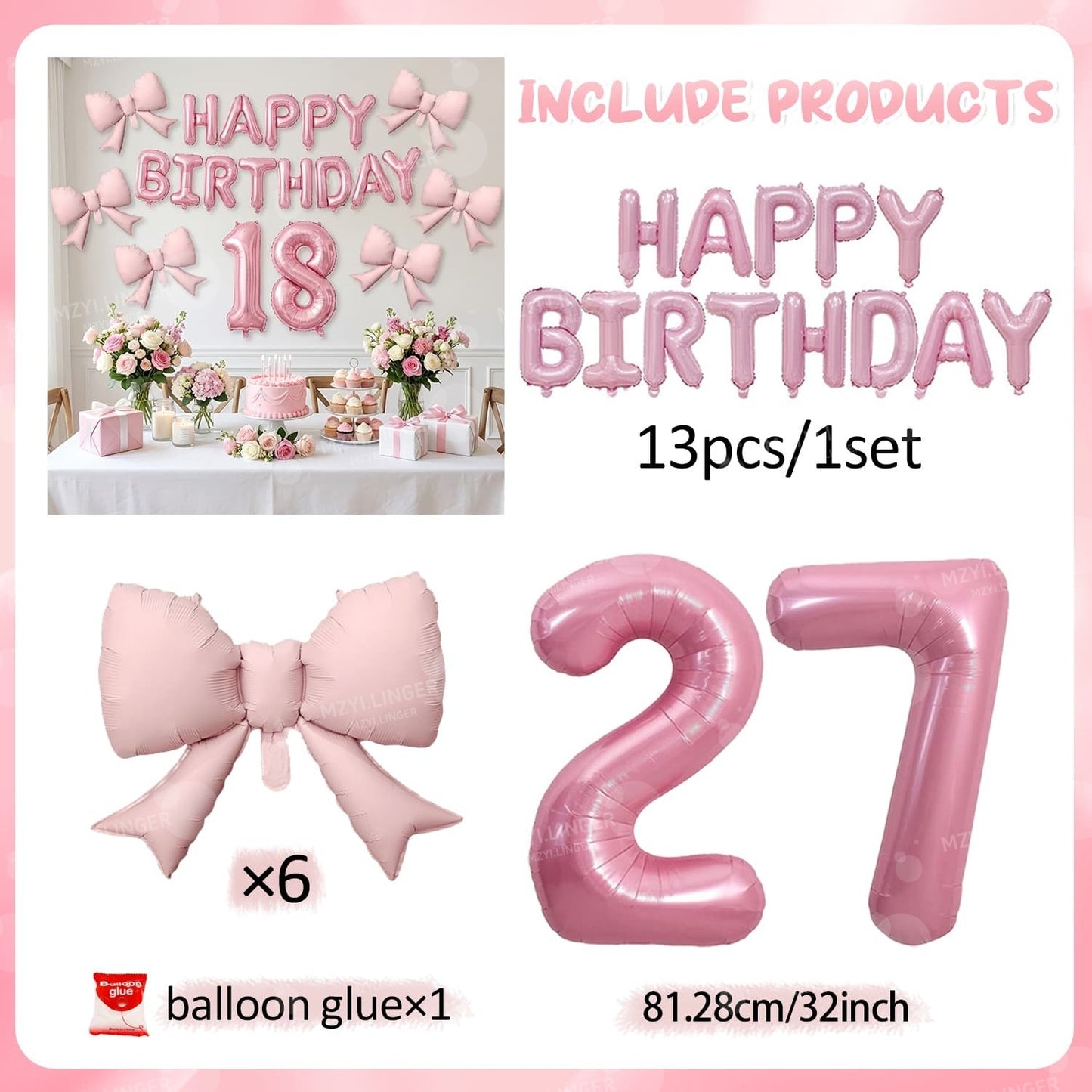 Pink Bow Birthday Balloon Happy Birthday Letter Balloon Used for Wedding, Valentine's Day, Birthday, Proposal Decoration Decor