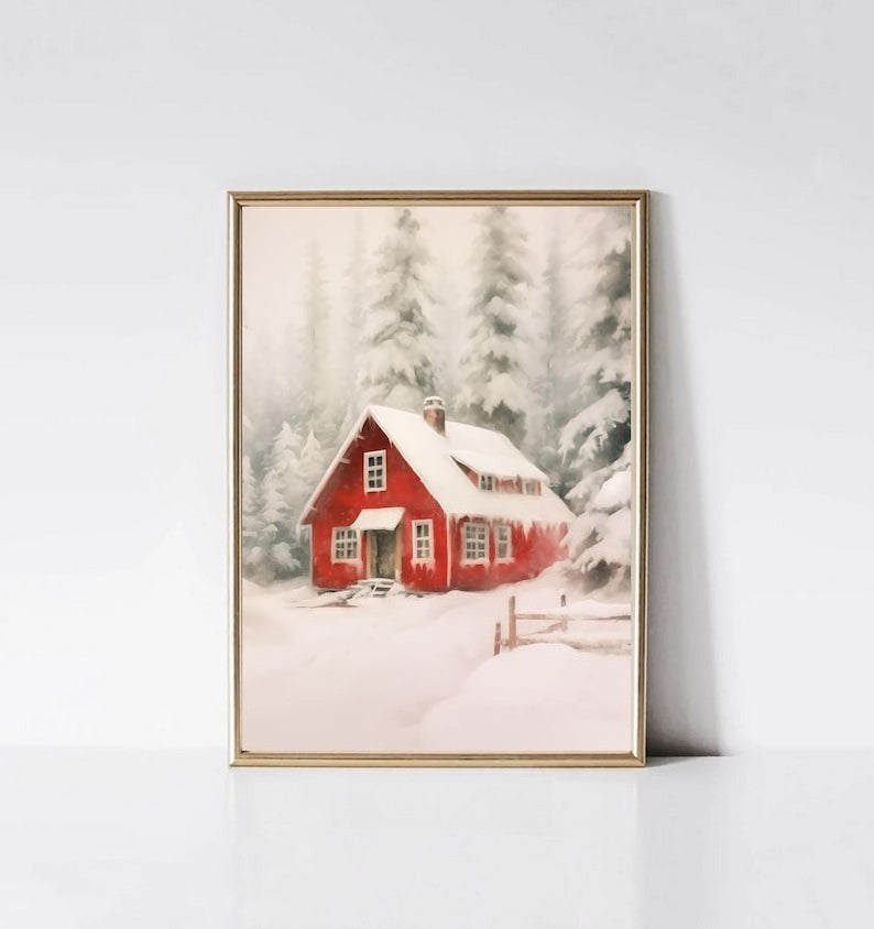 Santa Claus Christmas Tree Canvas Print Snow Landscape Paint Winter Christmas Wall Art Poster for Modern Living Room Home Decor