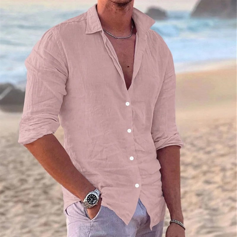 New Men's Cotton and Linen Long Sleeve Shirt Fashion Casual Lapel Beach Shirt Solid Color Hawaiian Vacation Shirt