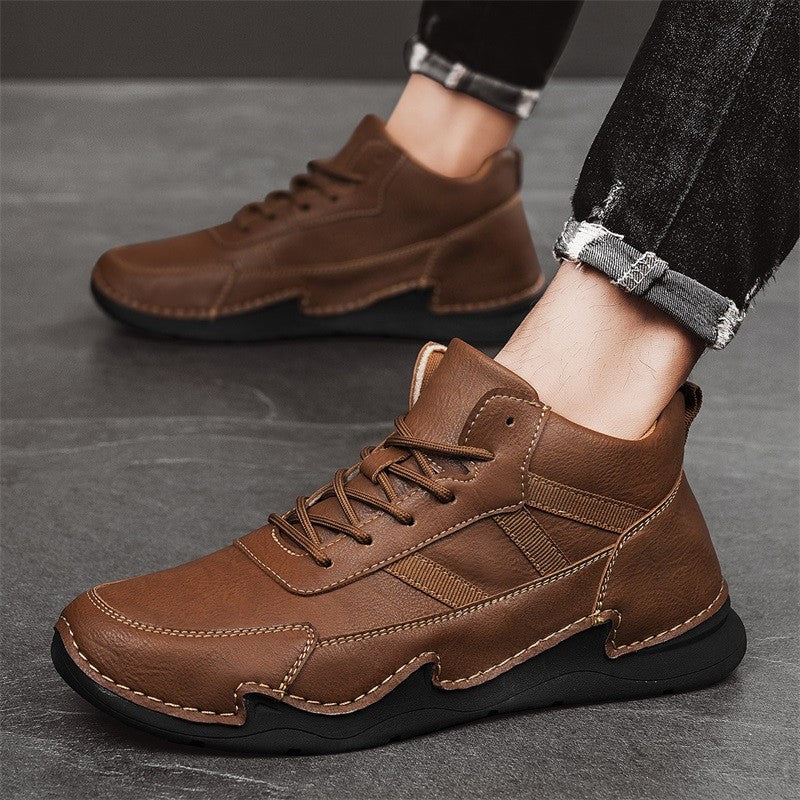 Handmade Mens Low Top Sneakers Classic Mens Leather High Top Shoes Fashion Outdoor Motorcycle Boots Lace Up Non-Slip Ankle Boots