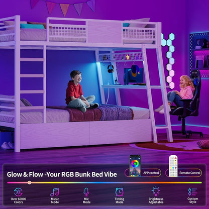 Beliche para Pequenos Espaços, Duas Camas de Solteiro com Mesa, Tomadas, Luzes de LED RGB, Gavetas de Armazenamento, Beliches de Metal com Segurança