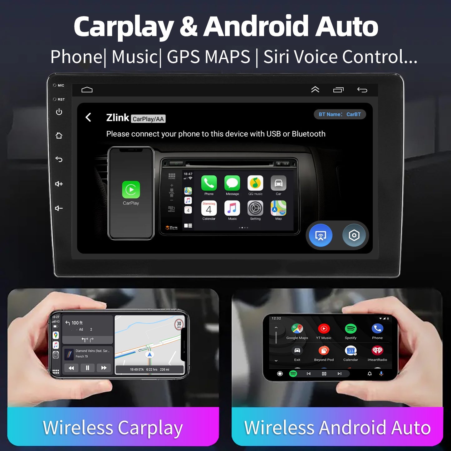 ESSGOO 4+64G Auto Rádio Multimídia Sem Fio CarPlay Android Auto Duplo 2 DIN 9" IPS Tela Sensível ao Toque GPS SAT NAVI FM DAB+ WIFI
