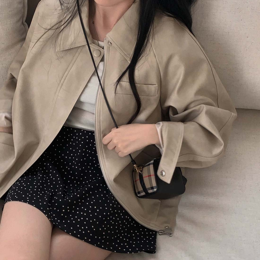 Sli Loose PU Leather Jaet Women's Chic Retro Collar Versatile BF Sle Motorcycle Clothes Trendy Long Sve Zipper