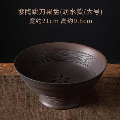 Qingxi Purple Pottery Tea Pastry Plate Handmade High Foot Dried Fruit Snack Large Integrated Drain Dessert Candy Dish Gift