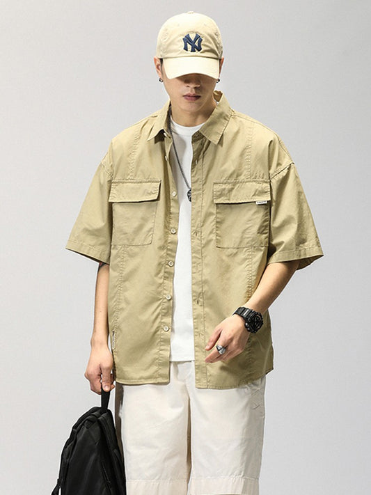 Summer Japanese Cargo Short Sleeve Shirt Men's Pockets Button Turn-down Collar Shirts Fashion Casual Cardigan blouses Tops
