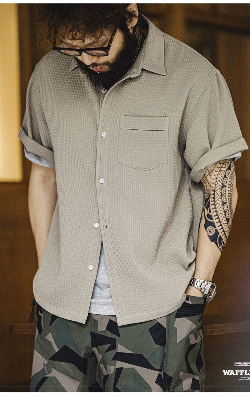 Summer Men's Waffle Short Sleeve Cargo Shirts 2025 New Casual Retro Breathable Lapel Blouse Y2K Vintage Streetwear Tee Shirt