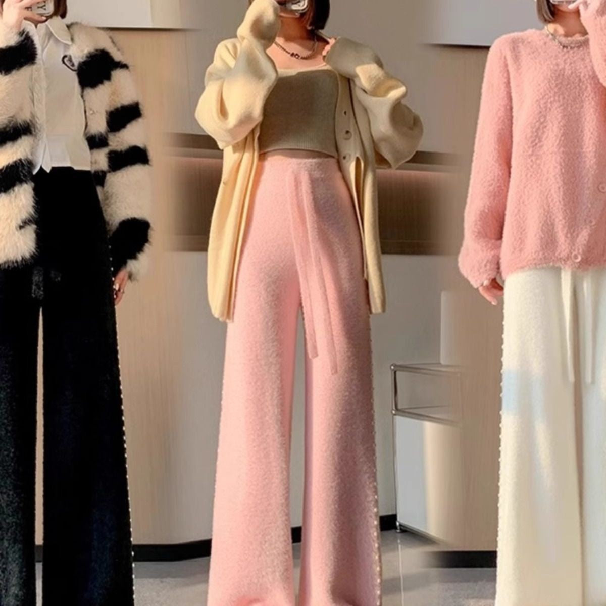 Pink Mink Fur Nail Bead Knitted Wide Leg Pants for Women in Autumn and Winter Lazy and Relaxed Casual Straight Leg Long Pants