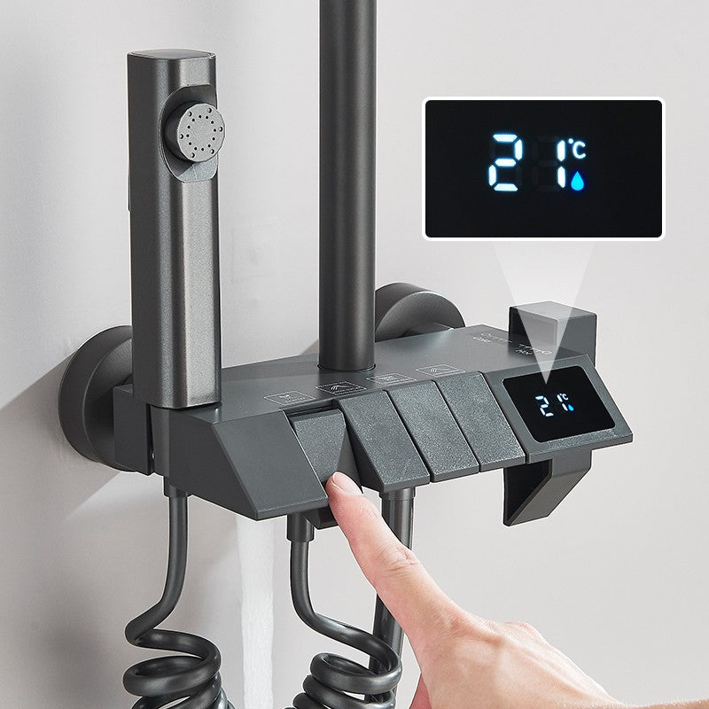 Conjunto de Torneira de Chuveiro Digital Inteligente Rozin Preto Estilo Piano Sistema de Banheiro Queda de Chuva Misturador Digital Cinza com Chuveirinho Bidê