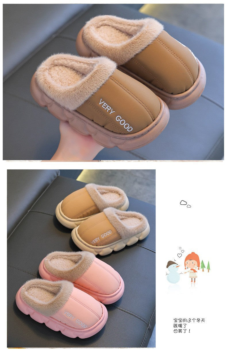 New Children's PU Leather Plush Slippers Soft Sole Non-slip Winter Warm Baby Boys Girls Indoor Home Cotton Shoes