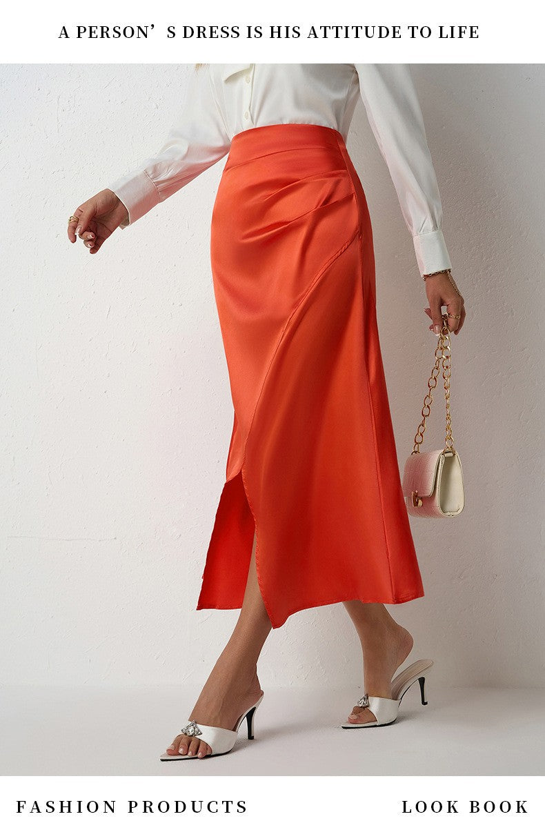 Nighpha Women's Elegant Satin Skirts High Waisted Flared Casual Work Office Fishtail Midi Skirt