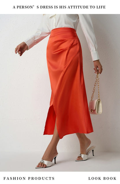 Nighpha Women's Elegant Satin Skirts High Waisted Flared Casual Work Office Fishtail Midi Skirt